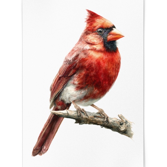 Watercolor Red Cardinal Bird Portrait Wall Art Print Unframed - Picture 2 of 6